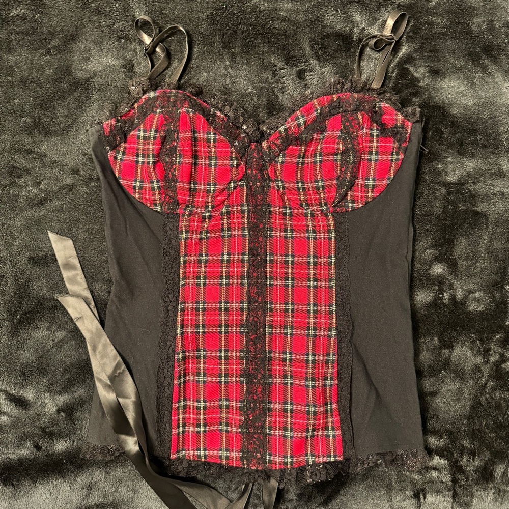 Vintage Y2K Hot Topic Lip Service Mall Goth Punk Tartan Lace Corset Top
